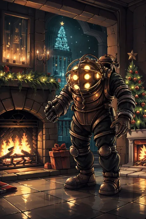 bigdaddyBS_soul3142, <lora:big_daddy-20:0.65>, robot,  christmas, (holding gift), christmas tree, christmas lights, masterpiece, best quality,  intricate details, fireplace, <lora:detail_slider_v4:0.7>