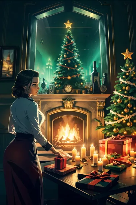 <lora:elizabeth-09:0.6>, lizoldBS_soul3142, 1girl, solo, makeup, lipstick, window, underwater city, cityscape, christmas, (holding gift), christmas tree, christmas lights, masterpiece, best quality,  intricate details, fireplace, <lora:detail_slider_v4:0.7...