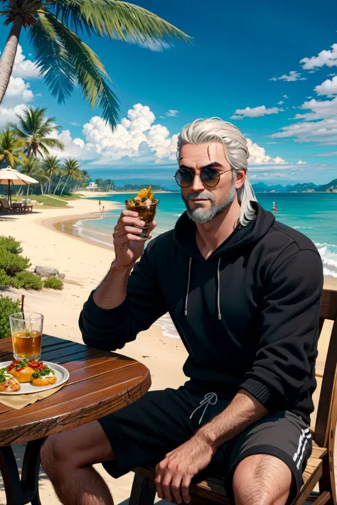 <lora:geraltW3-09a:0.6>, geralt_soul3142, 1boy, long hair, beard, sunglasses, black sweatshirt, shorts, sitting, table, (food), beach, seascape, clouds, waves, tropical, palm trees