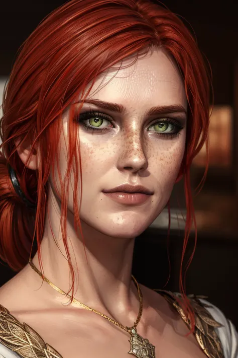 a close up of a woman with red hair and green eyes