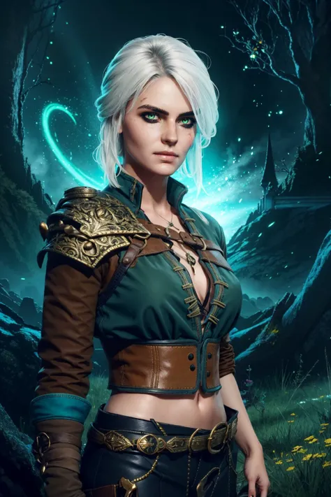 a woman with white hair and a green top is standing in front of a forest