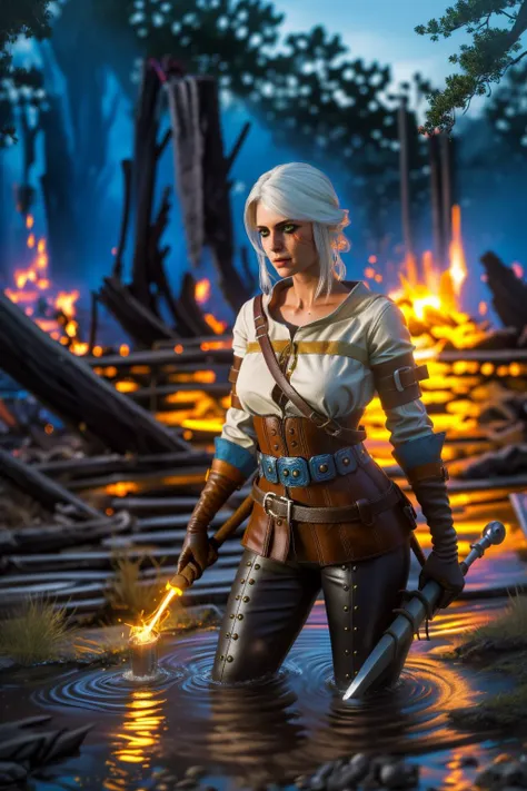 (masterpiece, best quality, detailed:1.2),ciriW3_soul3142,1girl,white hair,scar across eye,green eyes,freckles,leather boots,brown gloves,black pants,leather gloves,white shirt,brown belt,
outdoors,pants,sword,water,holding weapon,tree,fire,nature,holding ...