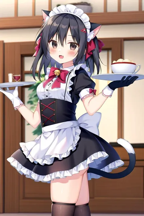 anime girl in maid outfit holding a tray with a cup of coffee