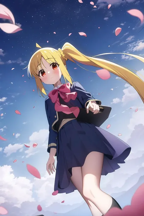 highres, 1girl, ijichi nijika, youtou uniform, from below, sky, wind, falling petals