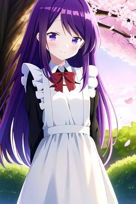 masterpiece, best quality, highres, game cg, 1girl, kubo nagisa, smile, maid, arm behind back, outdoor, cherry blossoms