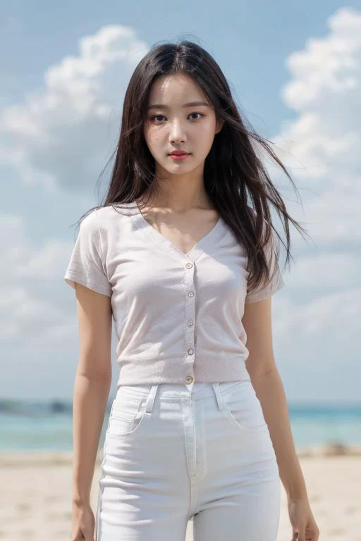 masterpiece, best quality, ultra-detailed, ultra high res, (photorealistic:1.4), raw photo, (realistic:0.2), 8k HDR, perfect lighting, 1girl, solo, looking at viewer, (casual clothes, plain white t-shirt and cardigan, skinny jeans), outdoor, (beach, sand),...