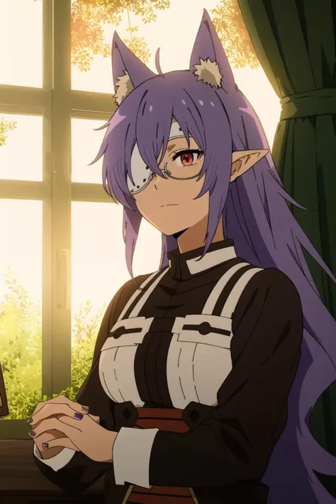 anime girl with purple hair and glasses sitting in front of a window