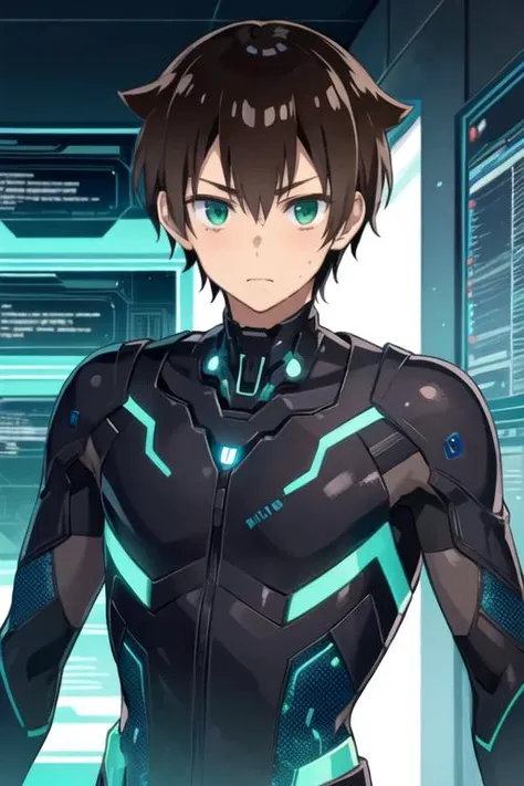 masterpiece, best quality, game cg, 1boy, solo, male focus, looking at viewer, upper body, , <lora:seri_koyuki:0.72>, seri_koyuki, brown hair, green eyes, , science fiction cyber-thriller, 12k resolution