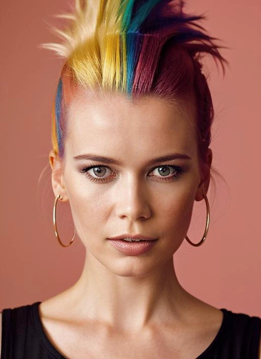 portrait of sks woman by Flora Borsi, style by Flora Borsi, bold, bright colours, rainbow Mohawk haircut, ((Flora Borsi)), <lora:locon_claudiaschiffer_v1_from_v1_64_32:1>