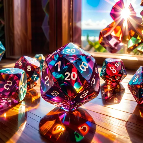 <lora:scarlem:0.8>scr1, Psychedelic style , close up of one scarlem D&D Dice D20, on a woodem table with sunlight entering through the window  . Vibrant colors, swirling patterns, abstract forms, surreal, trippy