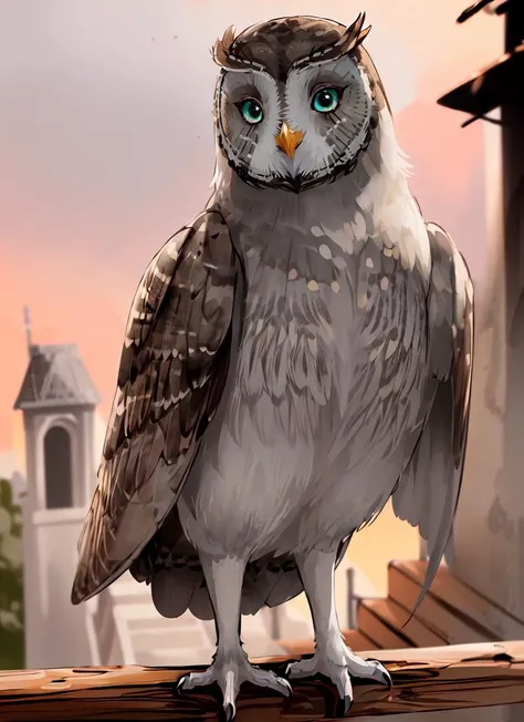 ((best quality)), ((highly detailed)), masterpiece, absurdres, (detailed eyes, deep eyes), (1girl), cowboy shot, <lora:gahoole:.7>, (owl), light green eyes, (great grey owl), gahoole guardian, ((no humans)), (outdoors, on a stairway, dawn, sunrise)