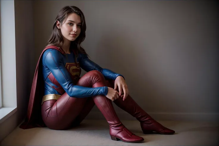 dc movies,full body,wide shot,photo of a 18 year old girl,supergirl,happy,sitting against the wall,ray tracing,detail shadow,sho...