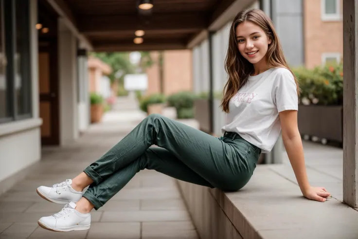 full body,photo of a 18 year old girl,sitting on a surface with legs dangling,happy,laughing,shirt,pants,ray tracing,detail shad...