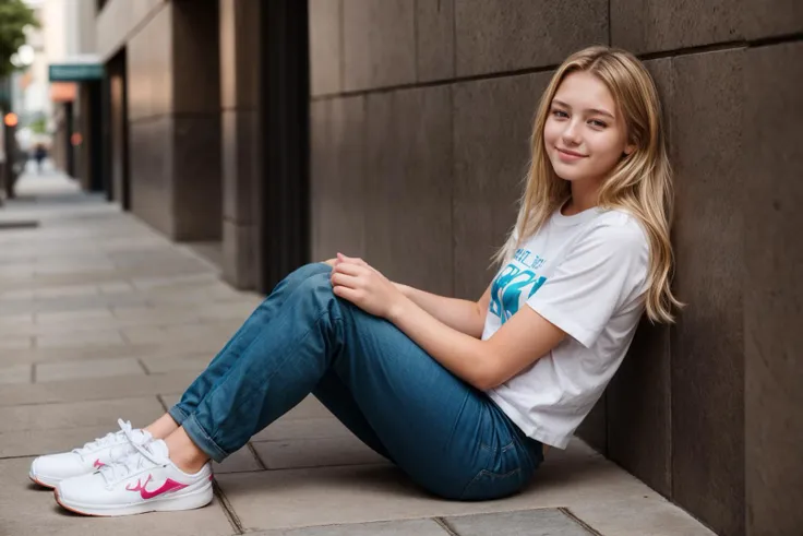 full body,photo of a 18 year old girl,sitting against a wall,happy,laughing,shirt,pants,ray tracing,detail shadow,shot on fujifi...