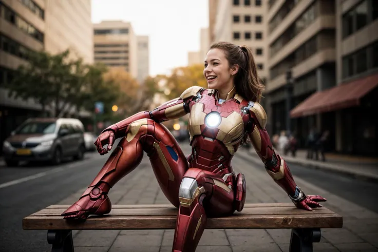 marvel movies,ironman,from below,photo of a 18 year old girl,sitting on a bench,happy,laughing,fit and petite body,ray tracing,d...