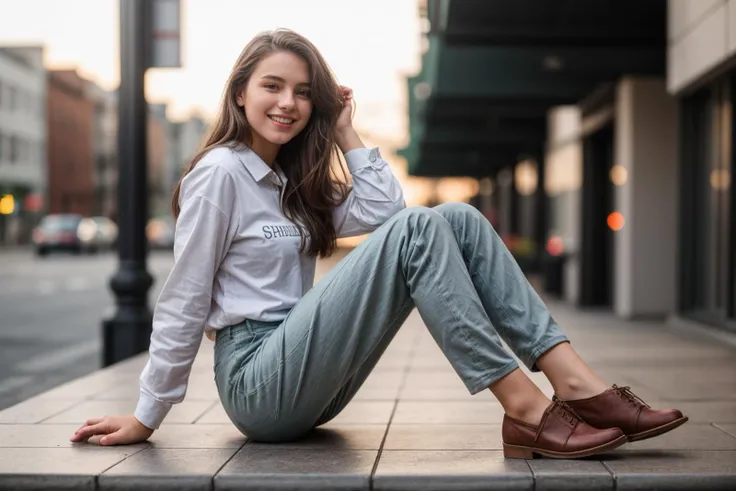 full body,photo of a 18 year old girl,sitting on a surface with legs dangling,happy,laughing,shirt,pants,ray tracing,detail shad...