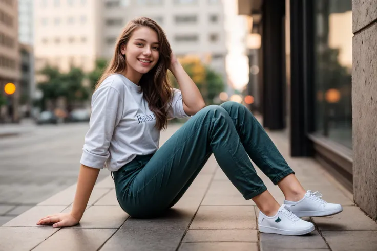 full body,photo of a 18 year old girl,sitting on a surface with legs dangling,happy,laughing,shirt,pants,ray tracing,detail shad...