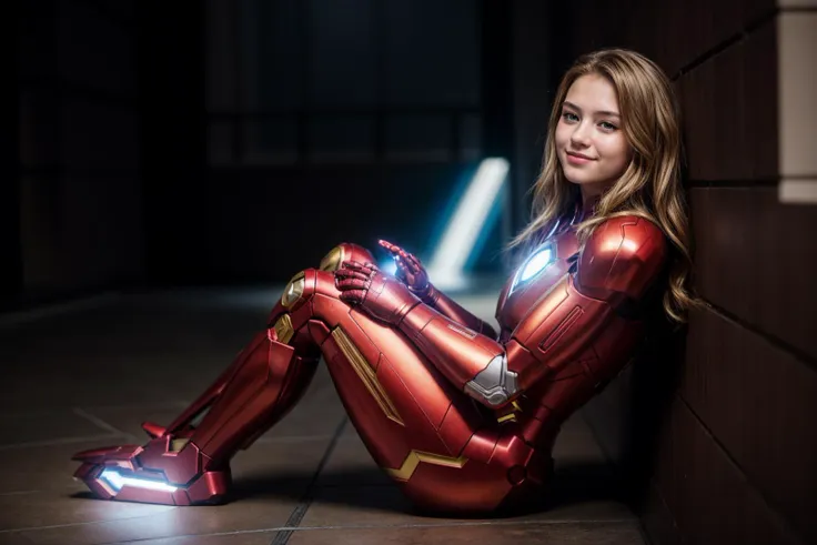 marvel movies,full body,photo of a 18 year old girl,ironman,sitting against a wall,happy,laughing,ray tracing,detail shadow,shot...