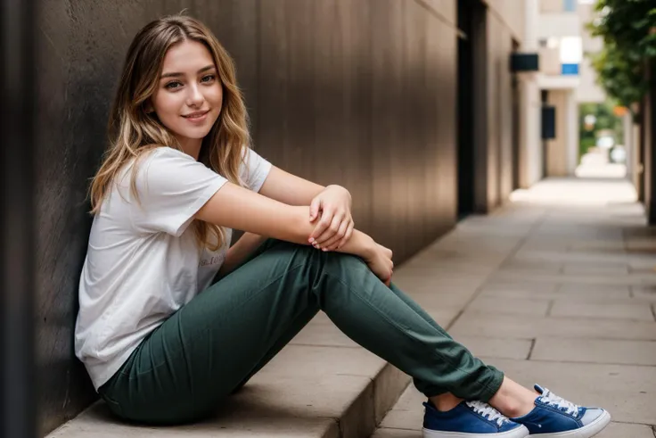 full body,photo of a 25 year old girl,sitting against a wall,happy,laughing,shirt,pants,ray tracing,detail shadow,shot on fujifi...