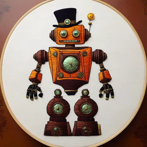 a close up of a picture of a robot with a hat and a clock