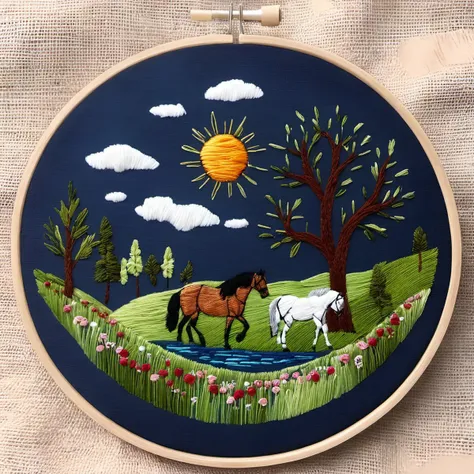 embroideryed picture of two horses in a field with a tree