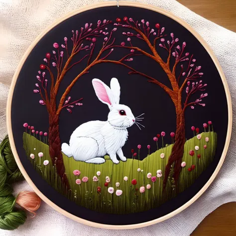 embroideryed picture of a white rabbit sitting in a field of flowers