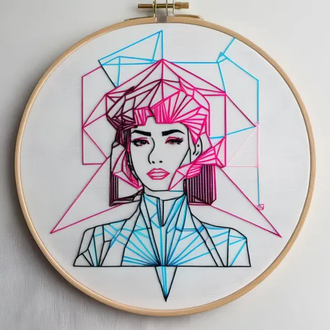 a close up of a embroidery on a hoop with a woman's face