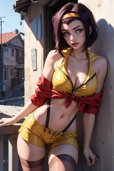 (masterpiece, best quality), 1girl, beautiful face,  <lora:cowboybebop_faye:1> fayevalentine, yellow hairband, red jacket, crop top, yellow shorts, thighhighs, midriff, cleavage,