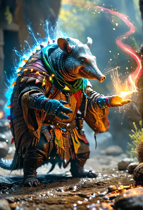 (anthropomorphic Armadillo:1.3) warlock casting a spell, <lora:panosxl:0.8>, <lora:MJ52:0.8>, bioluminiscent, <lora:gorgoeus_splash_of_vibrant_paint:0.7> Gorgeous splash of vibrant paint,  <lora:hkmagicV2:0.8> hkmagic