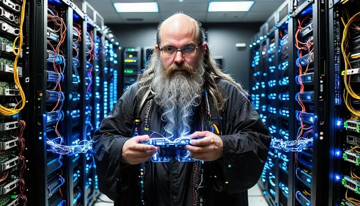 unix sysadmin wizard, long beard, hkmagic, installing linux on a mainframe super computer cluster, server room, racks with network switches and cables