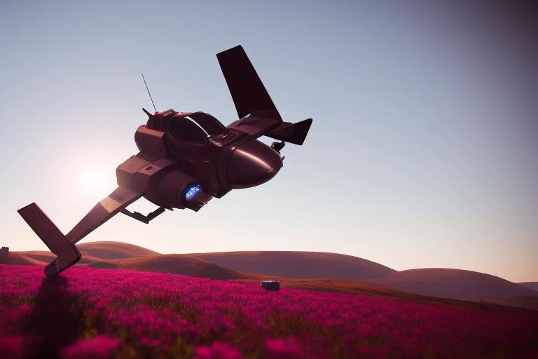 a fighter starship in a lush field, simple, minimalist artwork, 4k cinematic wallpaper, lens flare, bloom, lens imperfections