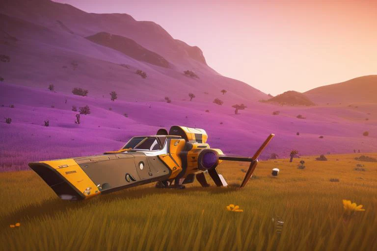 a (purple and gold:1.2) fighter starship in a grassy field, simple, minimalist artwork, 4k cinematic wallpaper, lens flare, bloom, lens imperfections, nomanssky style