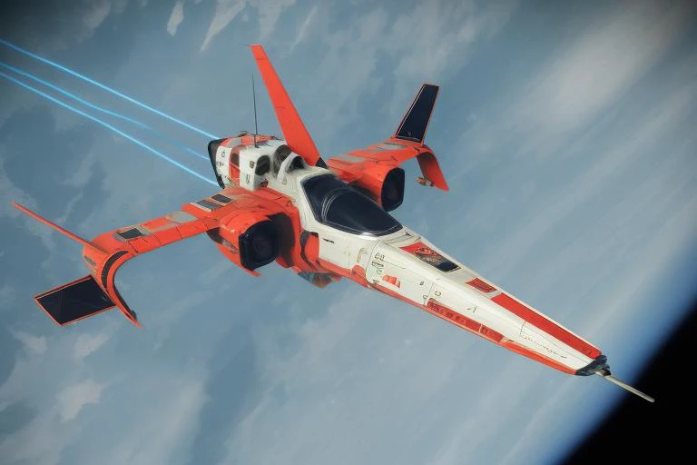 a (red and white:1.2) fighter starship flying in space
