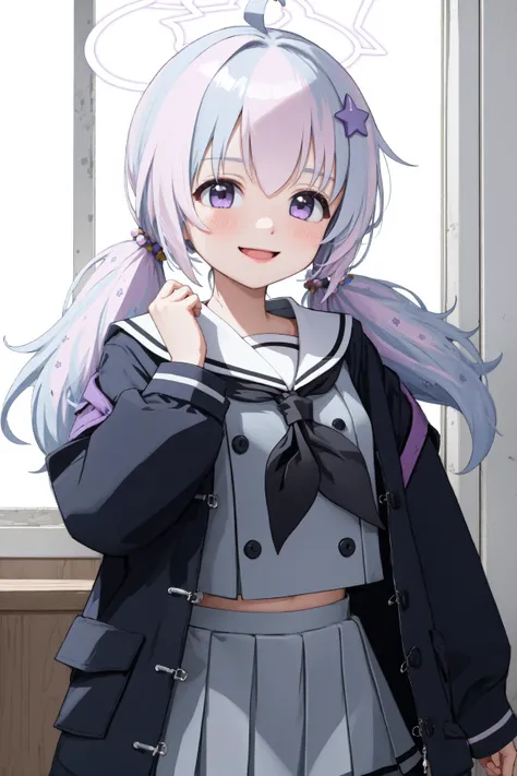 Masterpiece, best quality, 1girl, indoor, standing, looking at viewer, upper body, smile, reisaid, twintails, purple eyes, hair ornament, halo, neckerchief, open jacket, gray sailor collar, <lora:reisa-10:1>,