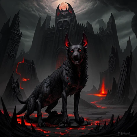 <lora:RealmsOfFire:1> refi, hell hound