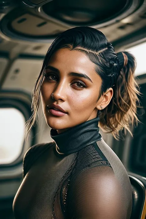 beautiful woman (Aish45h4rm4:.99), beautiful hair, ((ponytail with (undercut:1.2):1.2)), ((portrait)), (closeup:1.3), ((from the waist up)), (((inside ancient space ship:1.2))), natural skin texture, ((turtleneck futuristic fullbody spacesuit:1.2)), 24mm, ...