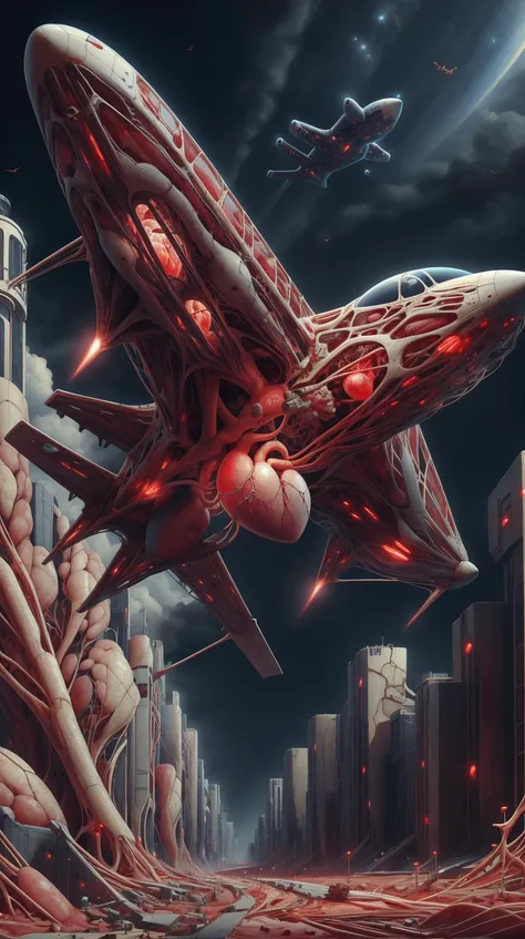 spaceship flying over a city with a giant alien like structure