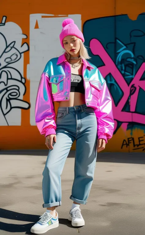 a woman in a pink jacket and jeans standing in front of a graffiti wall