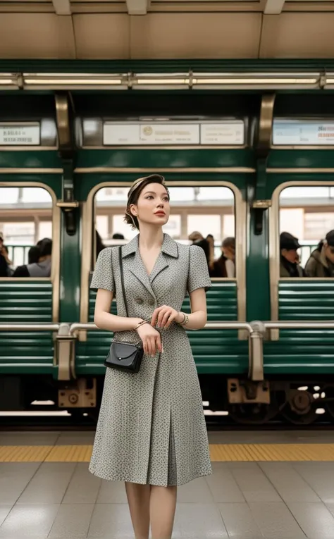 a woman in a gray dress standing in front of a train