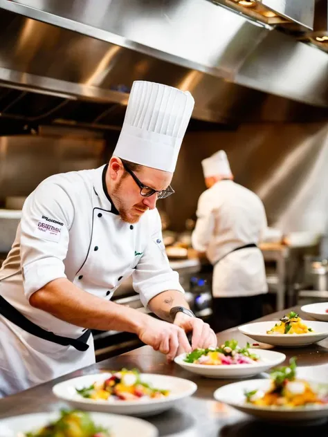 A photo of a chef in a busy kitchen, captured in a moment of concentration as they plate a dish, highlighting the artistry and precision of their work, with the vibrant colors of the food standing out.,