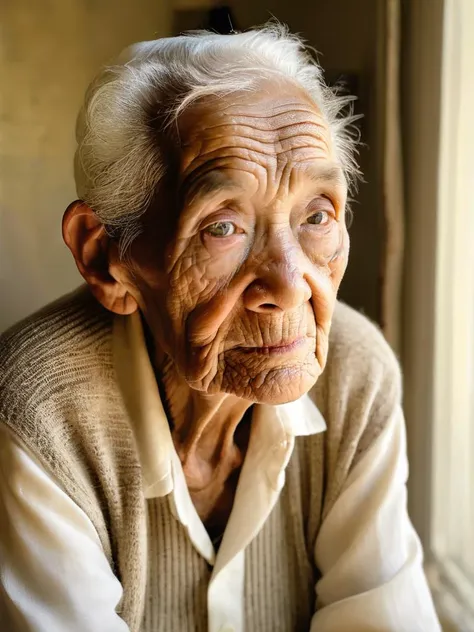 an old woman sitting by a window looking out the window