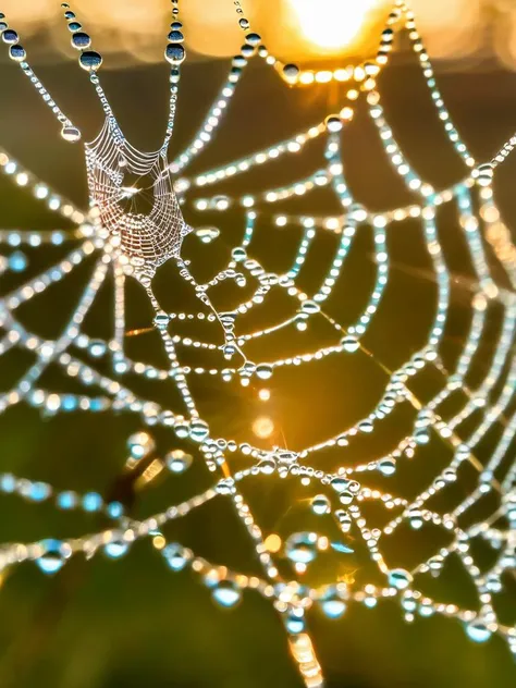 A macro photo of dewdrops on a spiderweb at dawn, each droplet reflecting the first light of sunrise, emphasizing the delicate balance and intricate beauty of nature.,
