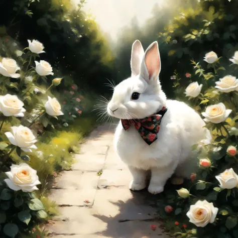 professional painting by Alayna Lemmer of a rabbit walking through a roses garden. The rabbit is wearing a small silk bowtie. Smooth focus on the rabbit, dynamic pose, dynamic background, dynamic composition, dynamic lighting, realistic proportions, intric...