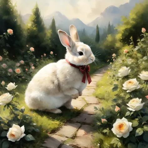 professional painting by Alayna Lemmer of a rabbit walking through a roses garden. The rabbit is wearing a small silk bowtie. Smooth focus on the rabbit, dynamic pose, dynamic background, dynamic composition, dynamic lighting, realistic proportions, intric...