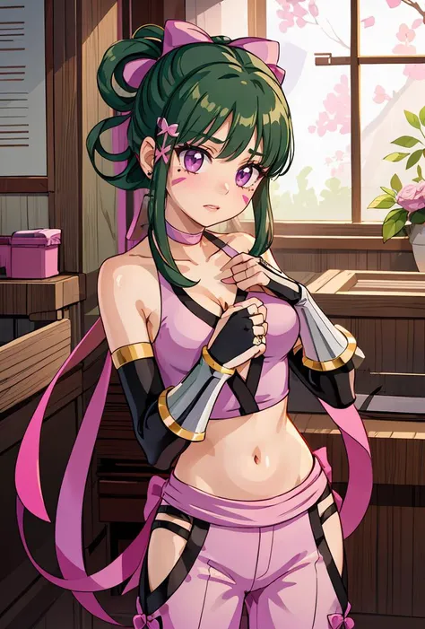 (masterpiece, best quality), 1girl,   <lora:ShibukiCrush-10:0.8> ShibukiCrush, 1girl, solo, long hair, green hair, hair ornament, gloves, pink bow, midriff, cleavage, bare shoulders, medium breasts, purple eyes, sidelocks, japanese clothes, choker, pants, ...