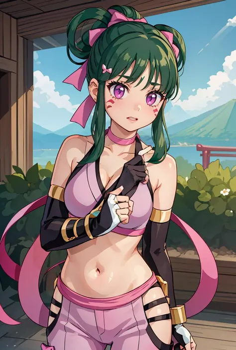 (masterpiece, best quality), 1girl,   <lora:ShibukiCrush-10:0.8> ShibukiCrush, 1girl, solo, long hair, green hair, hair ornament, gloves, pink bow, midriff, cleavage, bare shoulders, medium breasts, purple eyes, sidelocks, japanese clothes, choker, pants, ...