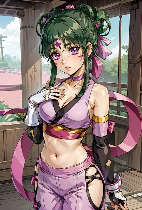 (masterpiece, best quality), 1girl,   <lora:ShibukiCrush-10:0.8> ShibukiCrush, 1girl, solo, long hair, green hair, hair ornament, gloves, pink bow, midriff, cleavage, bare shoulders, medium breasts, purple eyes, sidelocks, japanese clothes, choker, pants, ...