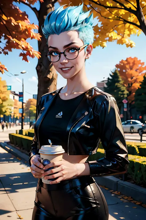 livewire, spiky blue hair, blue eyes, pale skin, wearing glasses,leather cropped jacket, black tanktop, black pants, looking at viewer, smiling, happy, 
standing, outside, holding a coffee cup, park,trees, autumn, overcast, extreme detail, masterpiece, <lo...