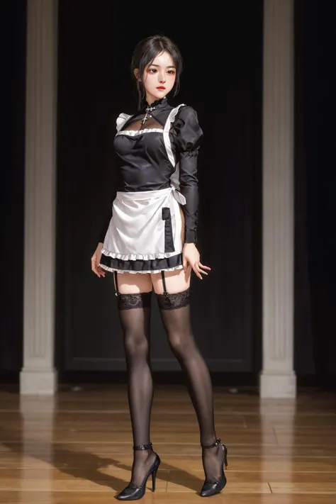 highres,absurdres,masterpiece,best quality,original,extremely detailed CG,extremely detailed wallpaper,perfect lighting,blurry background,Standing on the stage,
<lora:Sexy Apron By Stable Yogi:0.6>,black cross laced apron,side slit,frills,thighhighs,high h...