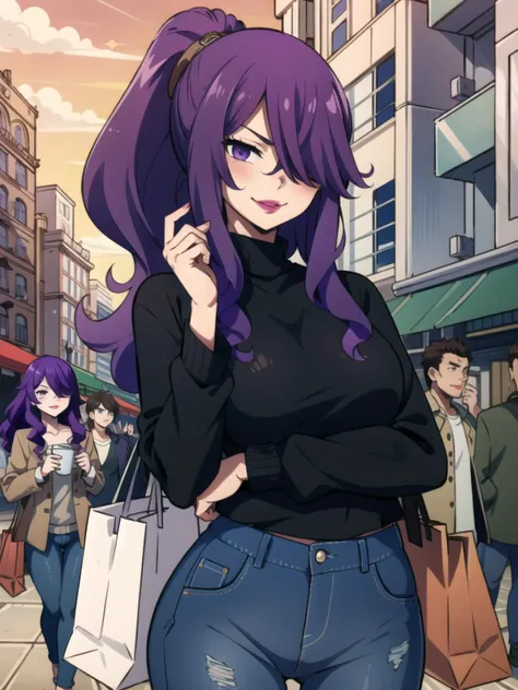 <lora:EdensZero_Holy:0.7>,holy,purple hair,lipstick, hair over one eye, purple eyes, detailed eyes, ponytail,wearing a sweater,jeans,shopping bags,background is city square with people,people in the background,(cowboyshot:0.1),smiling with eyes closed